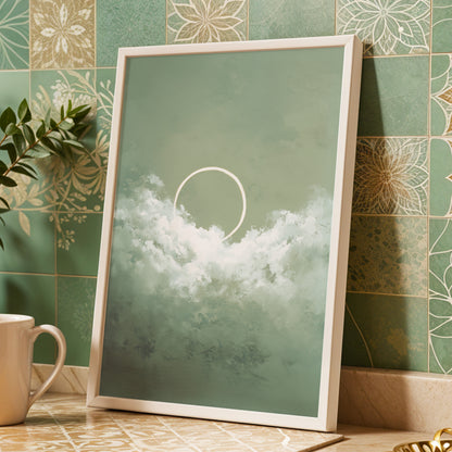 Halo in Sage Skies, green, white, beige nature wall art displayed in a styled interior, gallery view 6