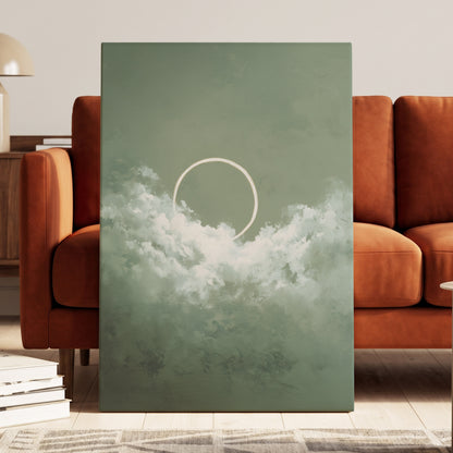 Halo in Sage Skies, green, white, beige nature wall art displayed in a styled interior, gallery view 7