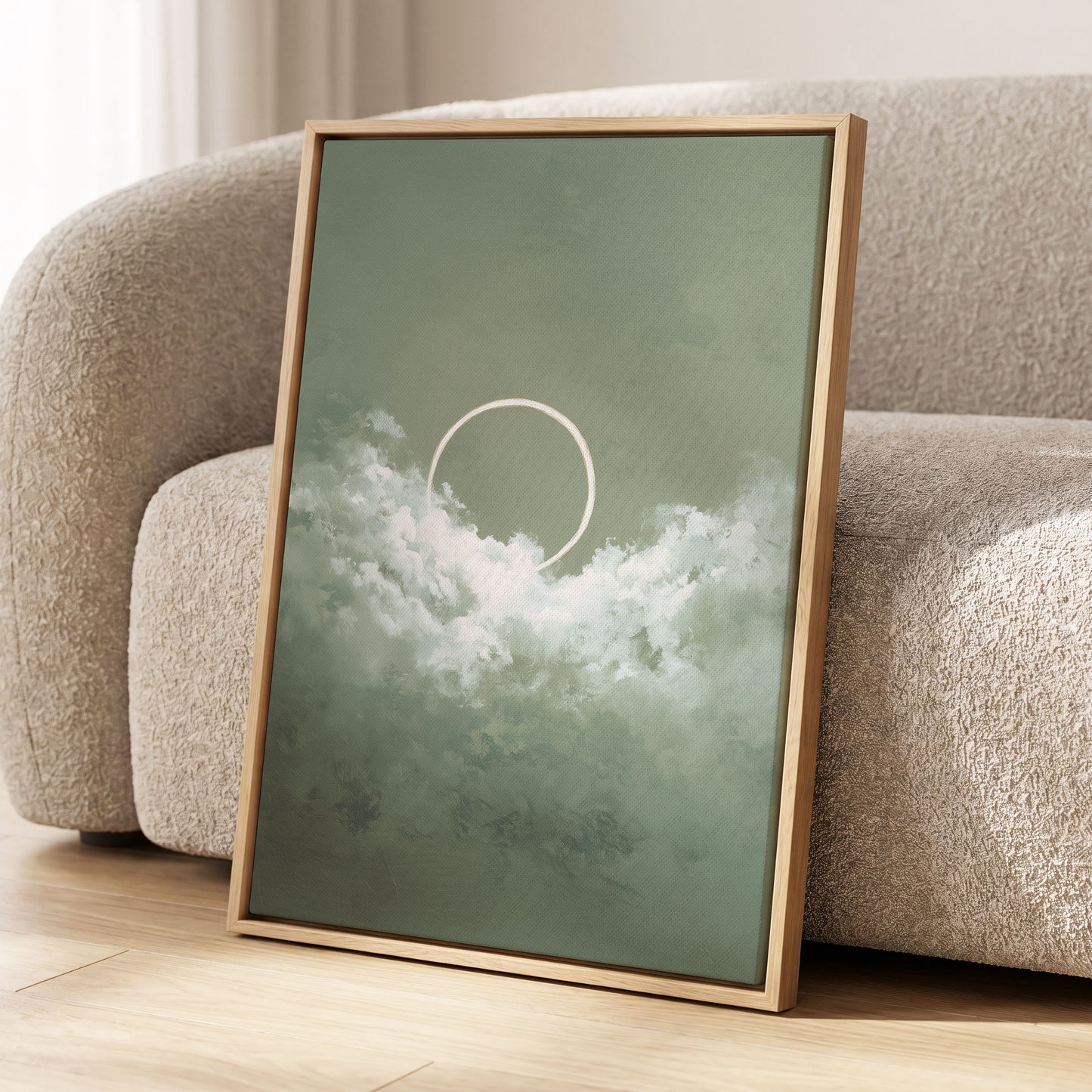 Halo in Sage Skies, green, white, beige nature wall art displayed in a styled interior, gallery view 8