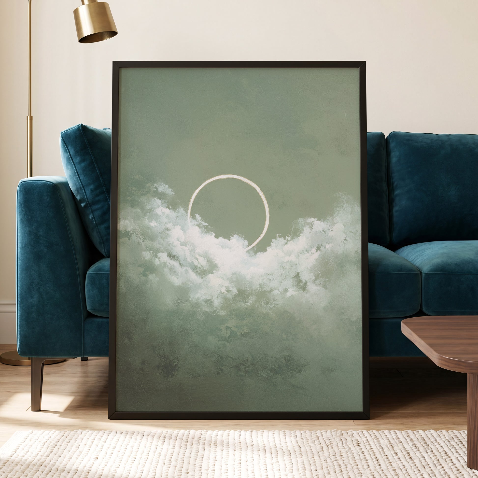 Halo in Sage Skies, green, white, beige nature wall art displayed in a styled interior, gallery view 9