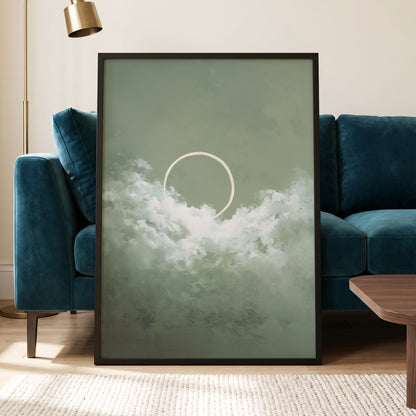 Halo in Sage Skies, green, white, beige nature wall art displayed in a styled interior, gallery view 9
