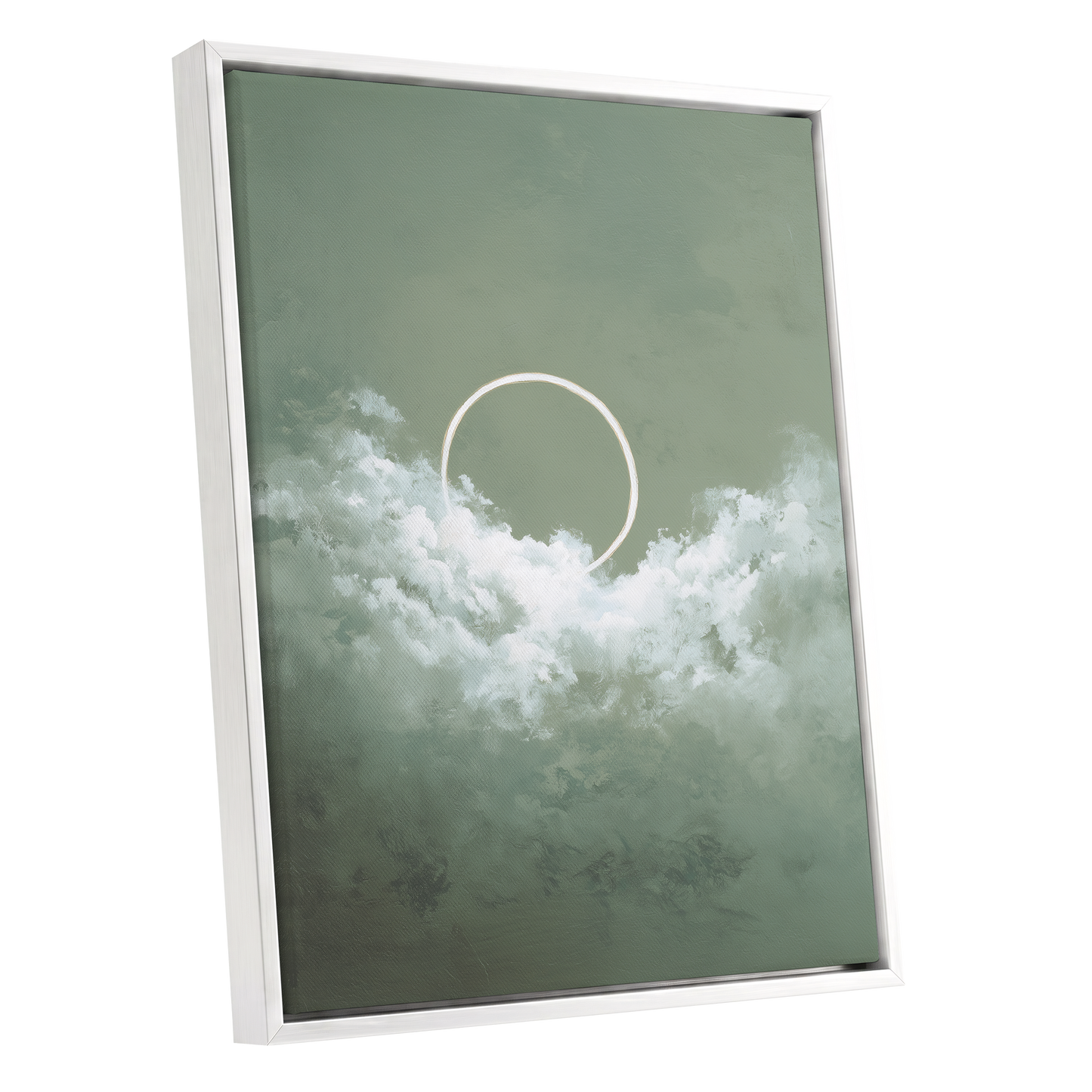 Halo in Sage Skies, green, white, beige nature wall art shown as a white framed canvas wall art