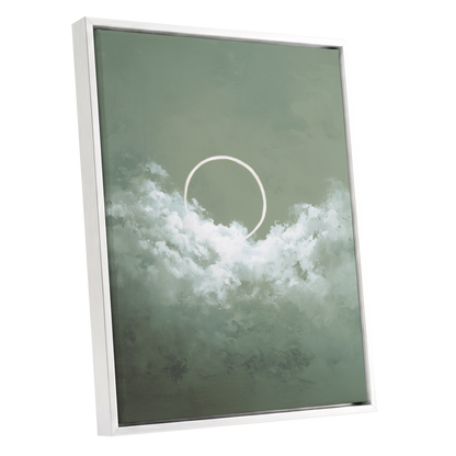 Halo in Sage Skies, green, white, beige nature wall art shown as a white framed canvas wall art