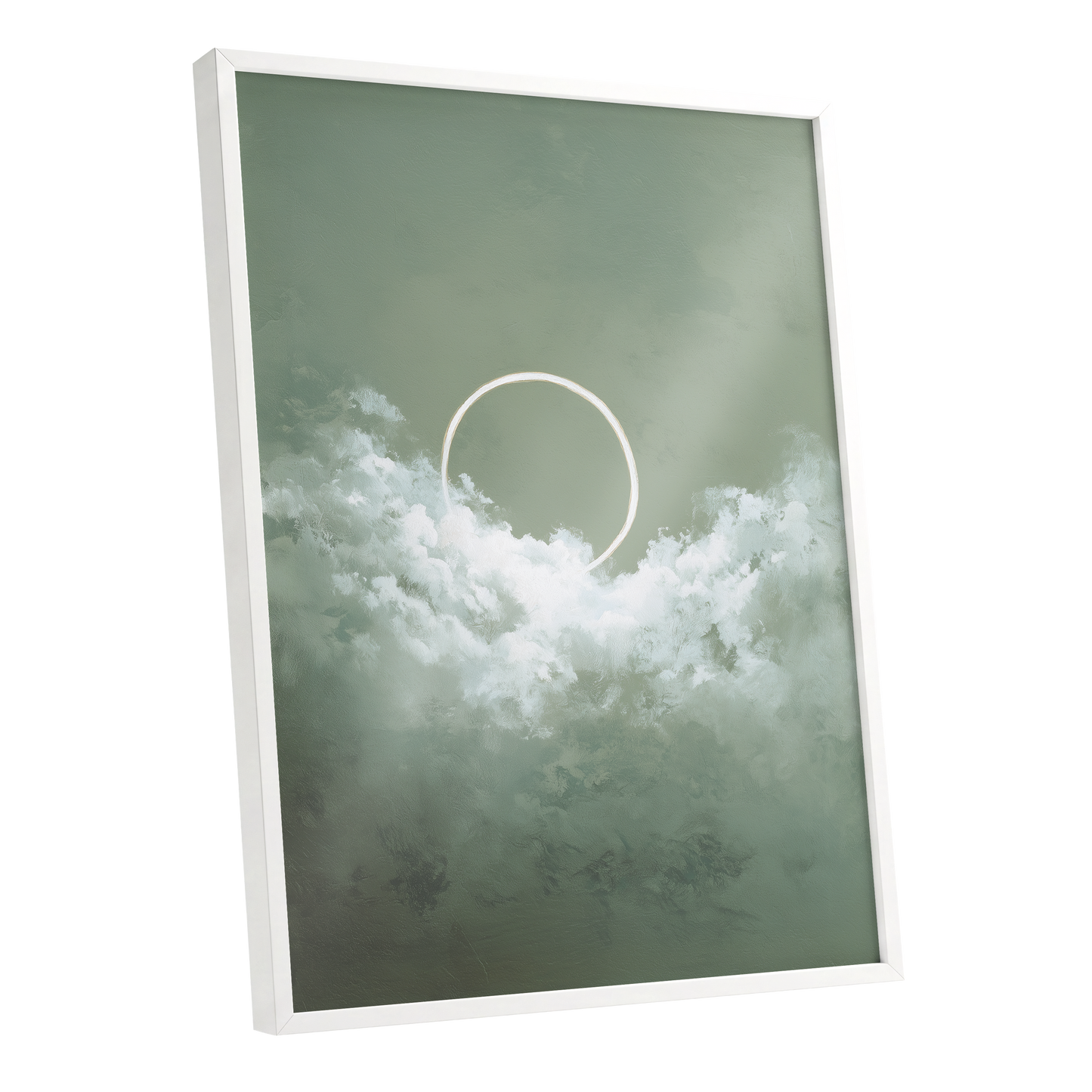Halo in Sage Skies, green, white, beige nature wall art shown as a white framed poster wall art print