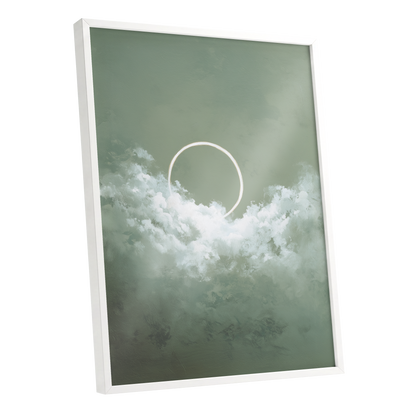 Halo in Sage Skies, green, white, beige nature wall art shown as a white framed poster wall art print