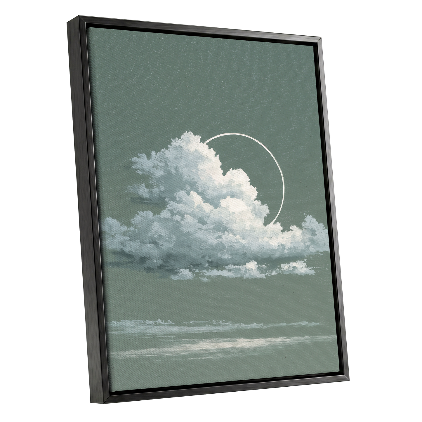 Halo Over Quiet Clouds, green, gray, white nature wall art shown as a black framed canvas wall art
