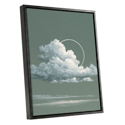 Halo Over Quiet Clouds, green, gray, white nature wall art shown as a black framed canvas wall art