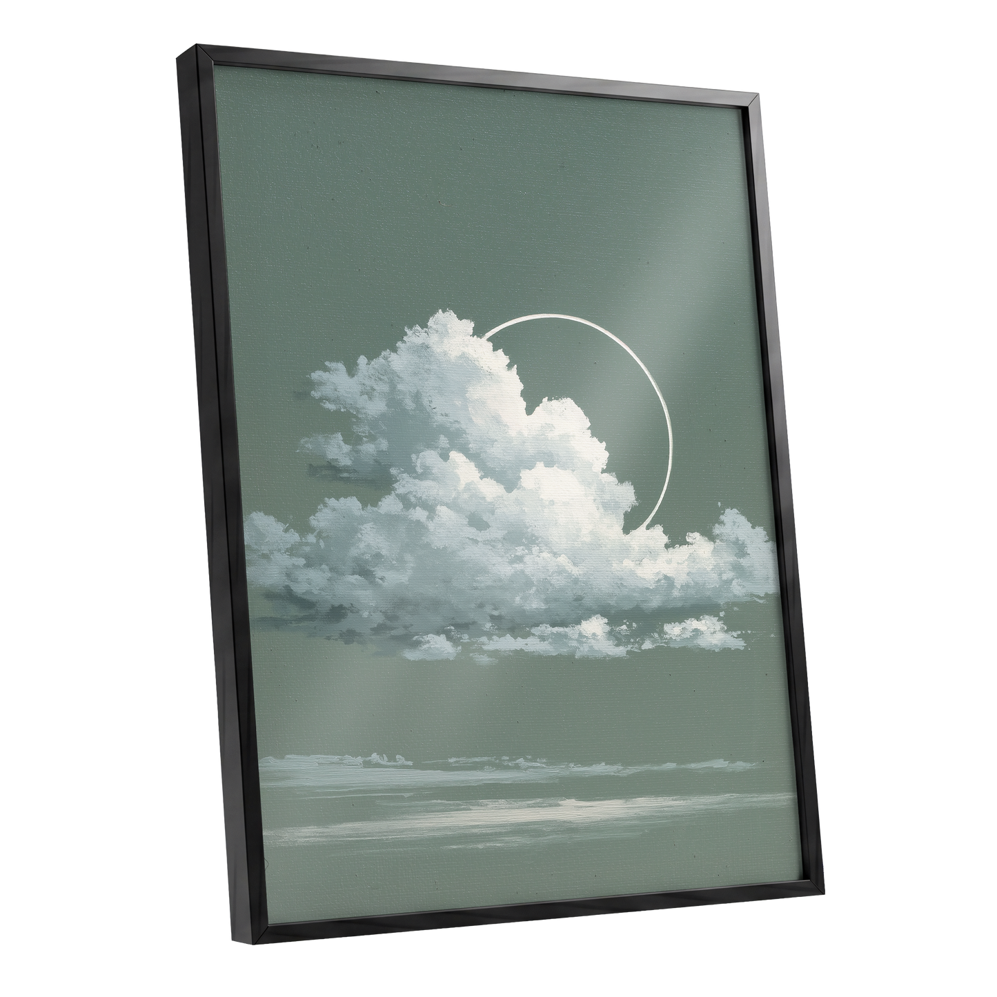 Halo Over Quiet Clouds, green, gray, white nature wall art shown as a black framed poster wall art print