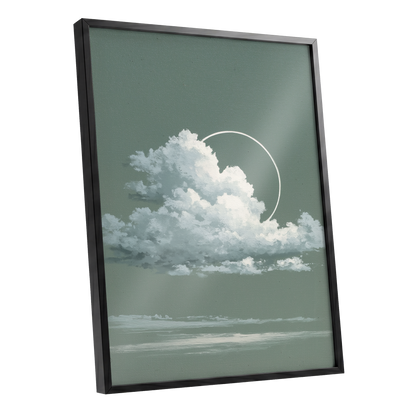 Halo Over Quiet Clouds, green, gray, white nature wall art shown as a black framed poster wall art print