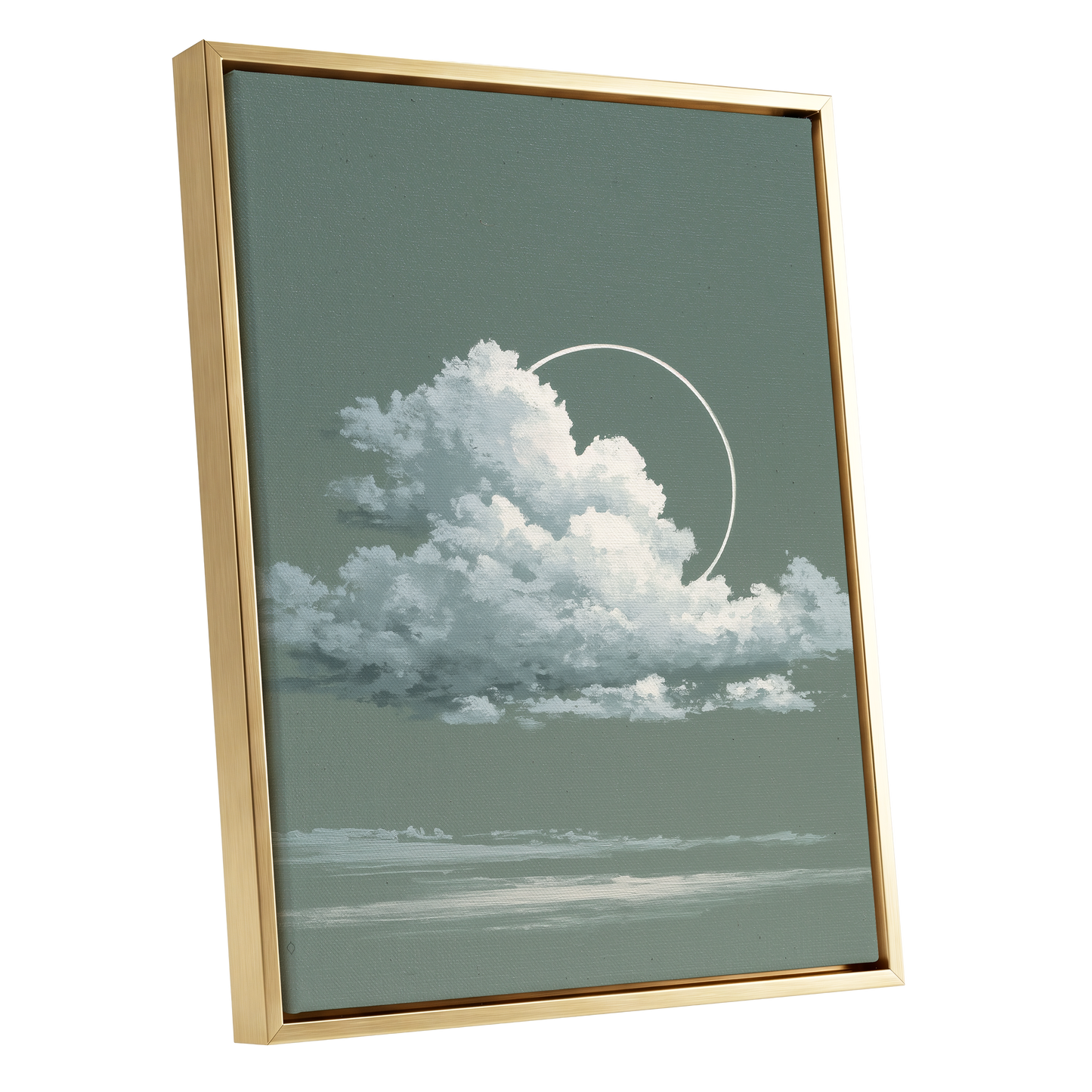 Halo Over Quiet Clouds, green, gray, white nature wall art shown as a gold framed canvas wall art