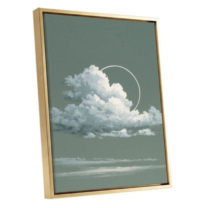 Halo Over Quiet Clouds, green, gray, white nature wall art shown as a gold framed canvas wall art