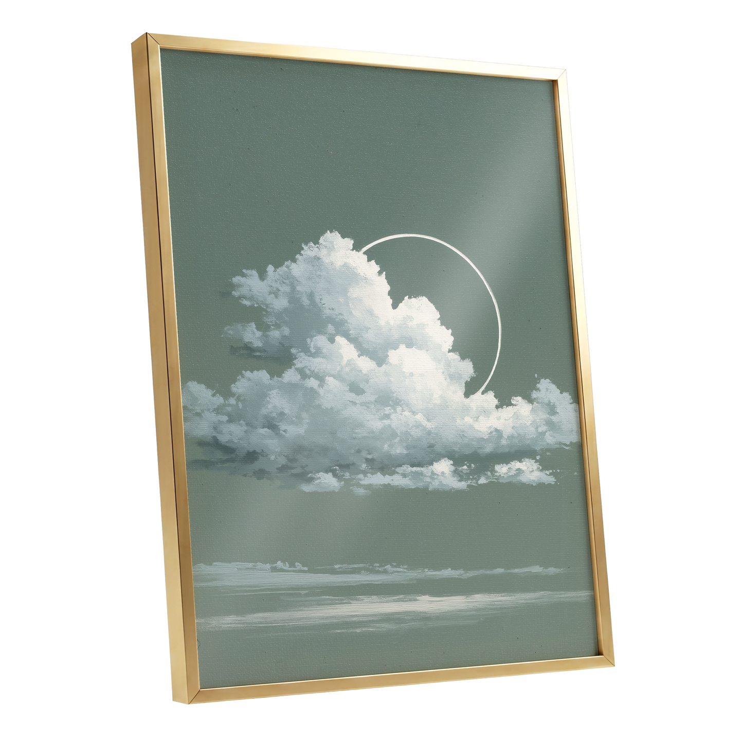 Halo Over Quiet Clouds, green, gray, white nature wall art shown as a gold framed poster wall art print