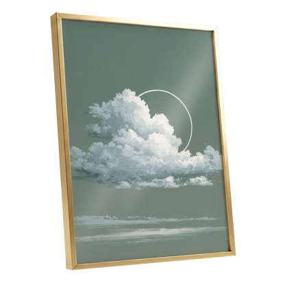 Halo Over Quiet Clouds, green, gray, white nature wall art shown as a gold framed poster wall art print
