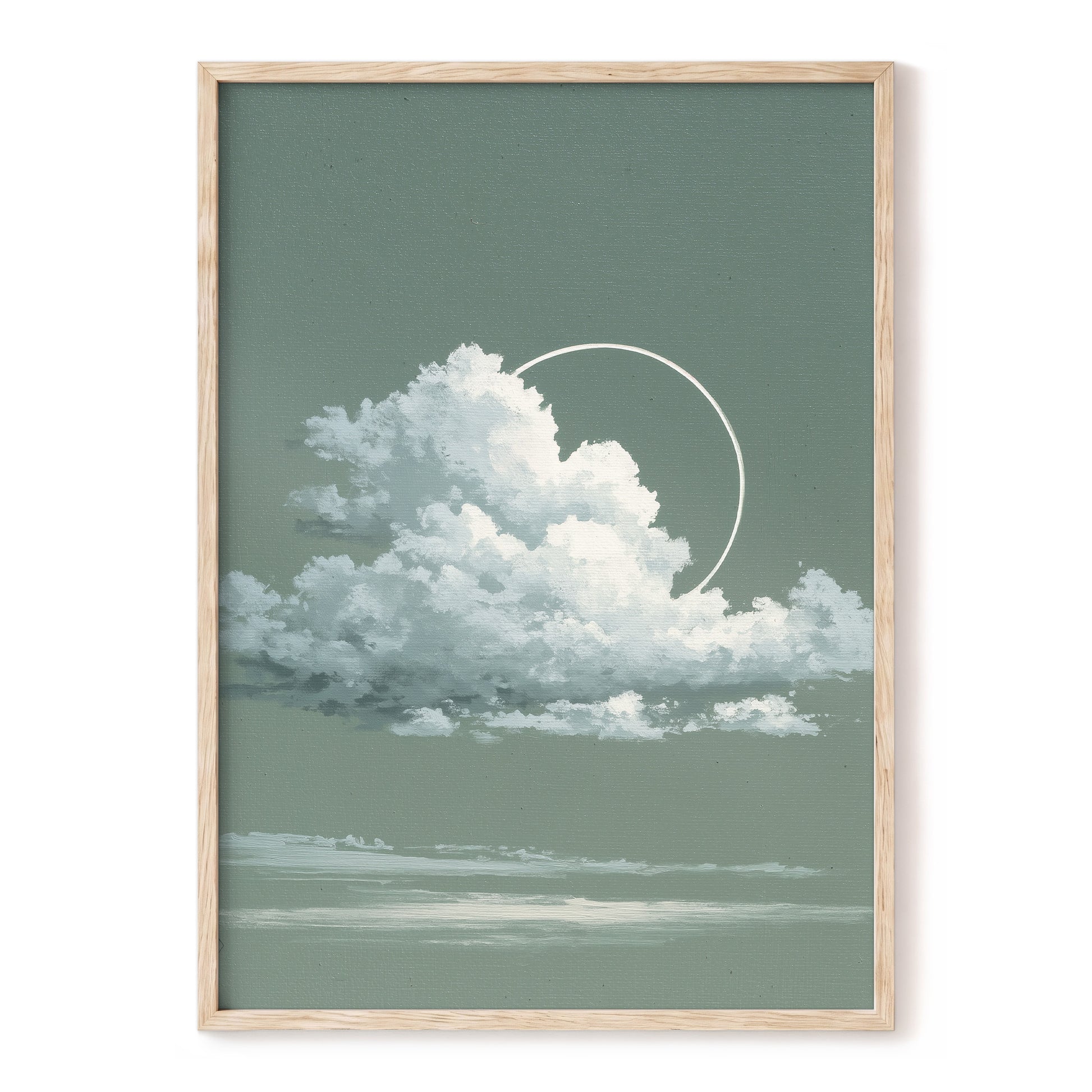 Halo Over Quiet Clouds, green, gray, white nature wall art, front artwork view
