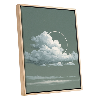 Halo Over Quiet Clouds, green, gray, white nature wall art shown as a oak framed canvas wall art