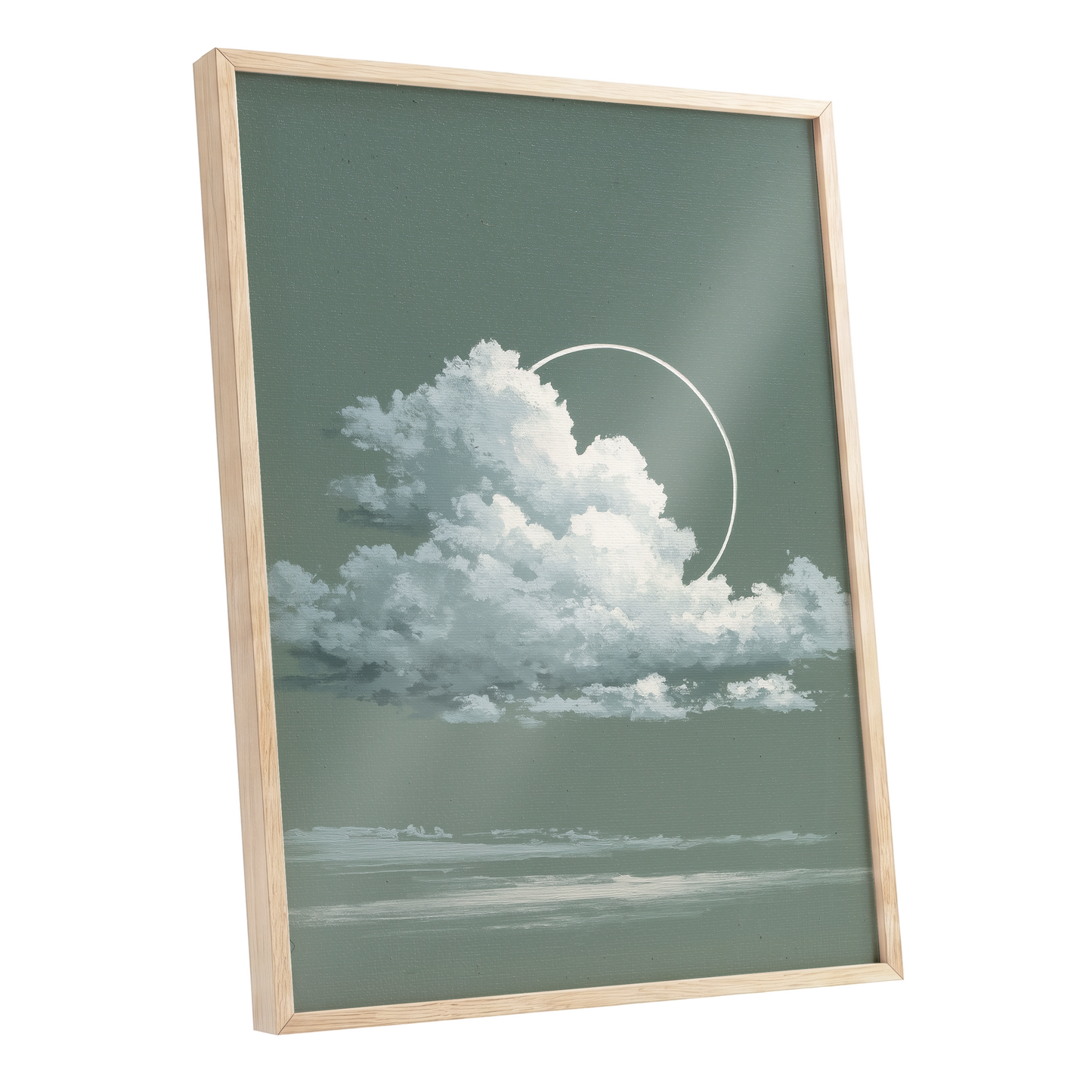 Halo Over Quiet Clouds, green, gray, white nature wall art shown as a oak framed poster wall art print