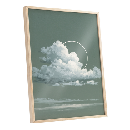 Halo Over Quiet Clouds, green, gray, white nature wall art shown as a oak framed poster wall art print