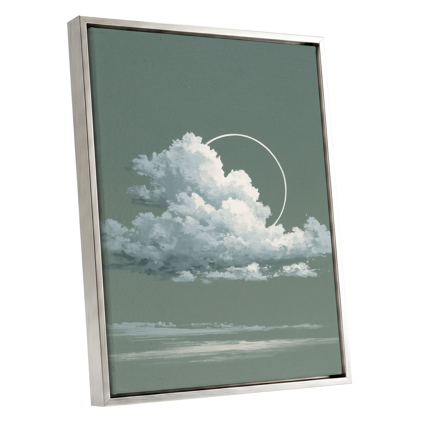 Halo Over Quiet Clouds, green, gray, white nature wall art shown as a silver framed canvas wall art