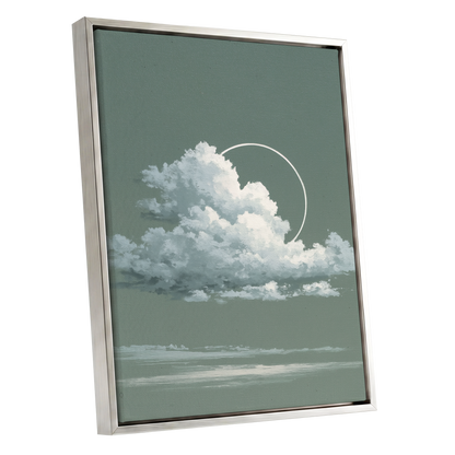 Halo Over Quiet Clouds, green, gray, white nature wall art shown as a silver framed canvas wall art
