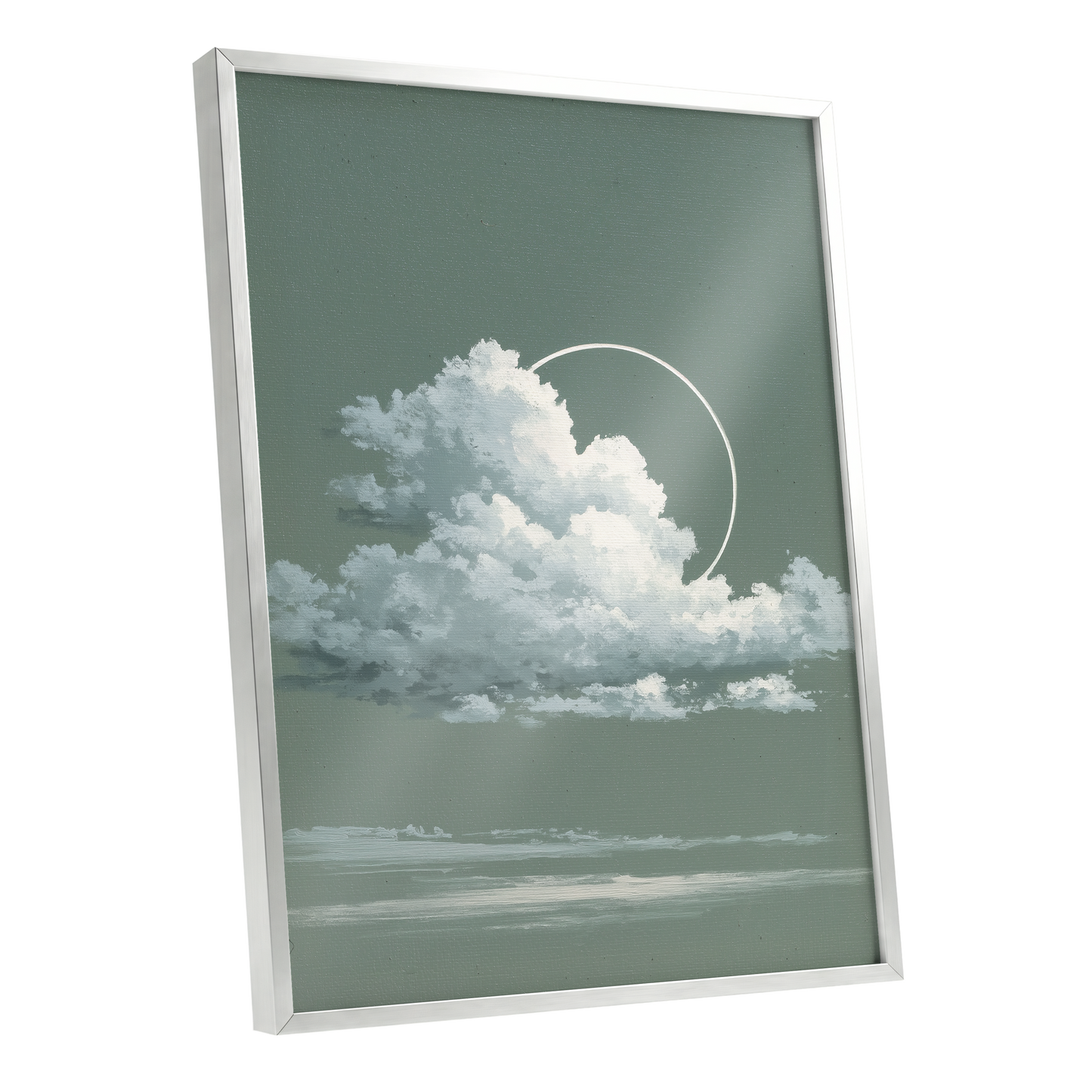 Halo Over Quiet Clouds, green, gray, white nature wall art shown as a silver framed poster wall art print