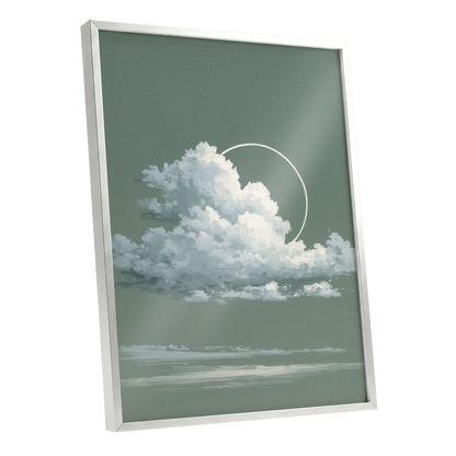 Halo Over Quiet Clouds, green, gray, white nature wall art shown as a silver framed poster wall art print