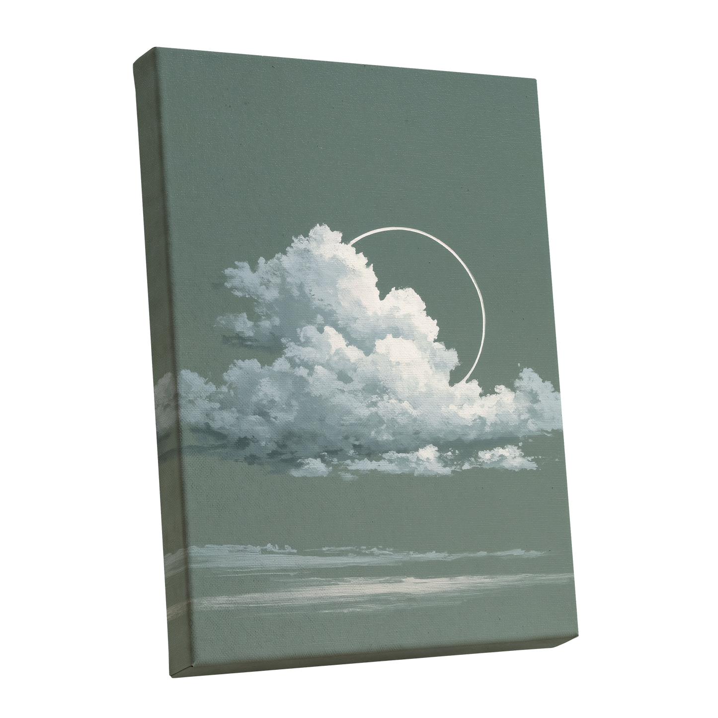 Halo Over Quiet Clouds, green, gray, white nature wall art shown as a stretched canvas wall art