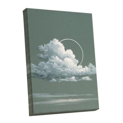Halo Over Quiet Clouds, green, gray, white nature wall art shown as a stretched canvas wall art