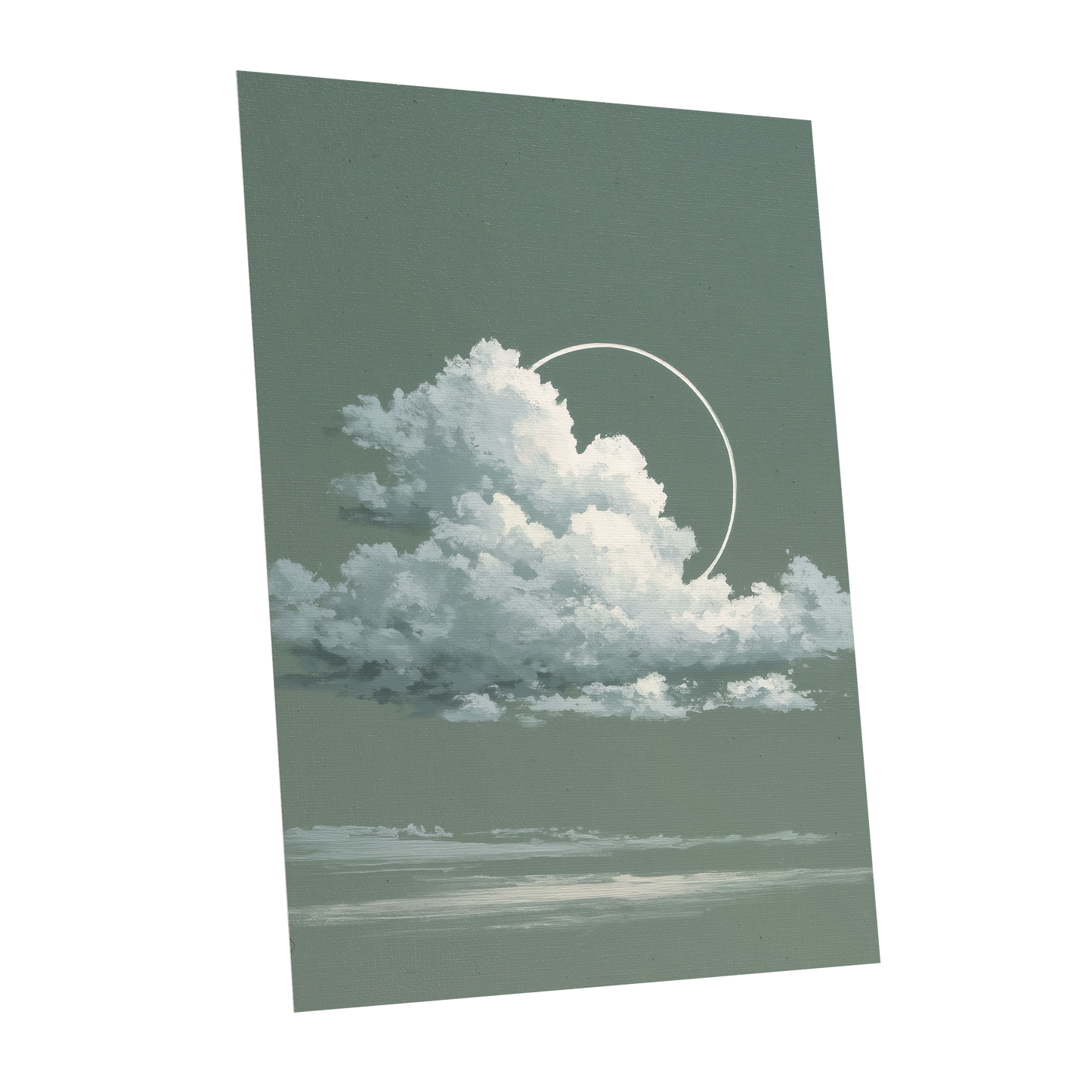 Halo Over Quiet Clouds, green, gray, white nature wall art shown as a unframed poster wall art print