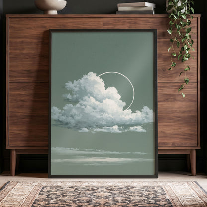 Halo Over Quiet Clouds, green, gray, white nature wall art displayed in a styled interior, gallery view 2