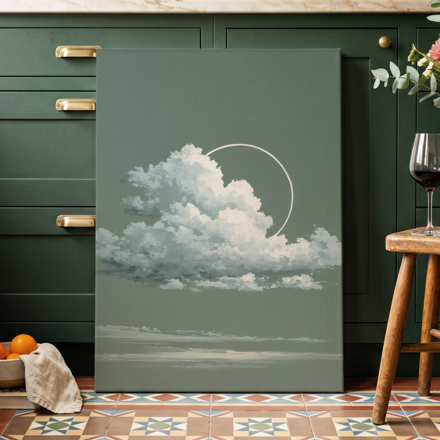 Halo Over Quiet Clouds, green, gray, white nature wall art displayed in a styled interior, gallery view 3