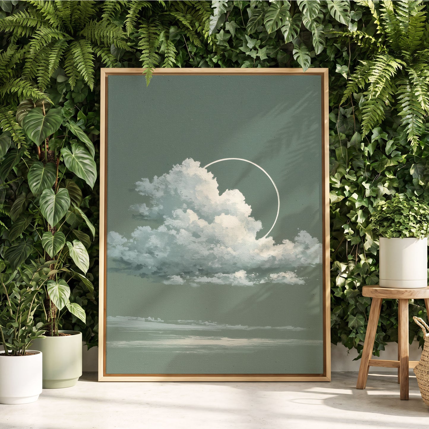 Halo Over Quiet Clouds, green, gray, white nature wall art displayed in a styled interior, gallery view 4