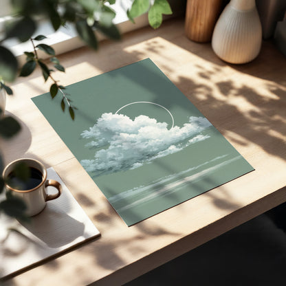 Halo Over Quiet Clouds, green, gray, white nature wall art displayed in a styled interior, gallery view 5