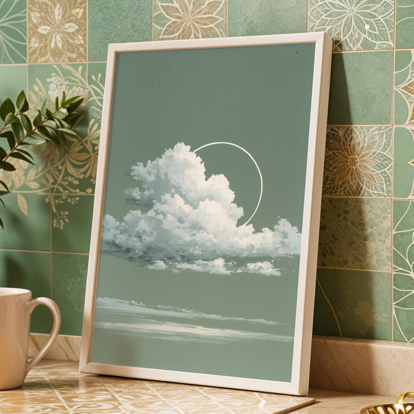 Halo Over Quiet Clouds, green, gray, white nature wall art displayed in a styled interior, gallery view 6
