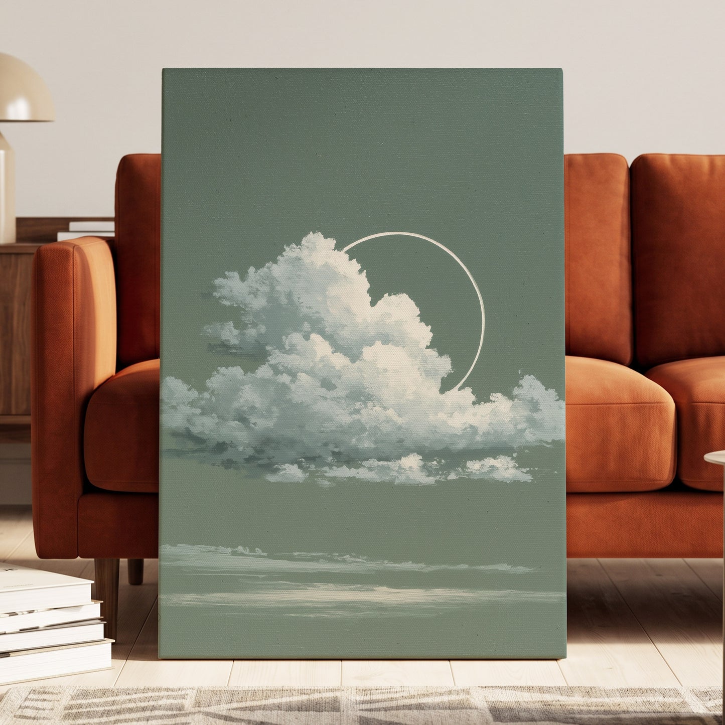 Halo Over Quiet Clouds, green, gray, white nature wall art displayed in a styled interior, gallery view 7