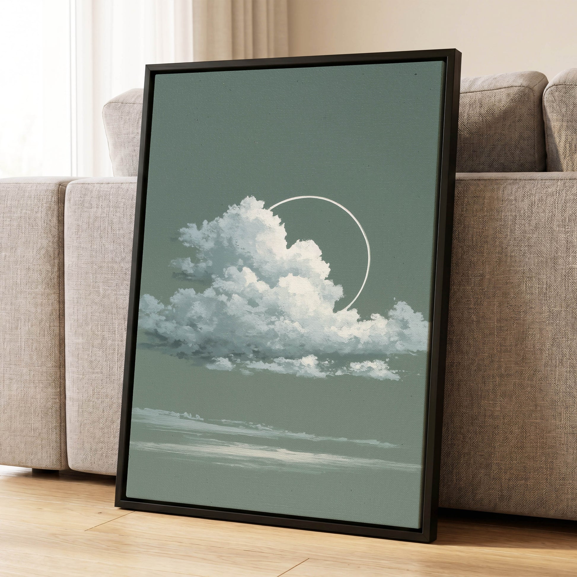 Halo Over Quiet Clouds, green, gray, white nature wall art displayed in a styled interior, gallery view 8
