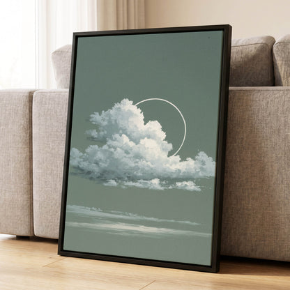 Halo Over Quiet Clouds, green, gray, white nature wall art displayed in a styled interior, gallery view 8
