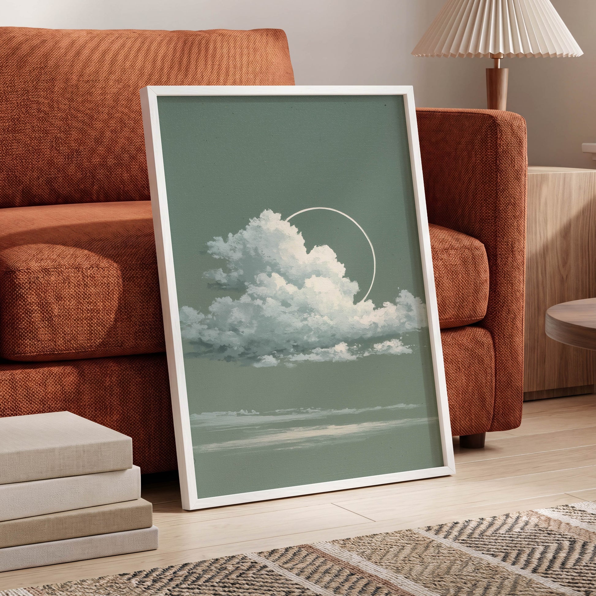 Halo Over Quiet Clouds, green, gray, white nature wall art displayed in a styled interior, gallery view 9