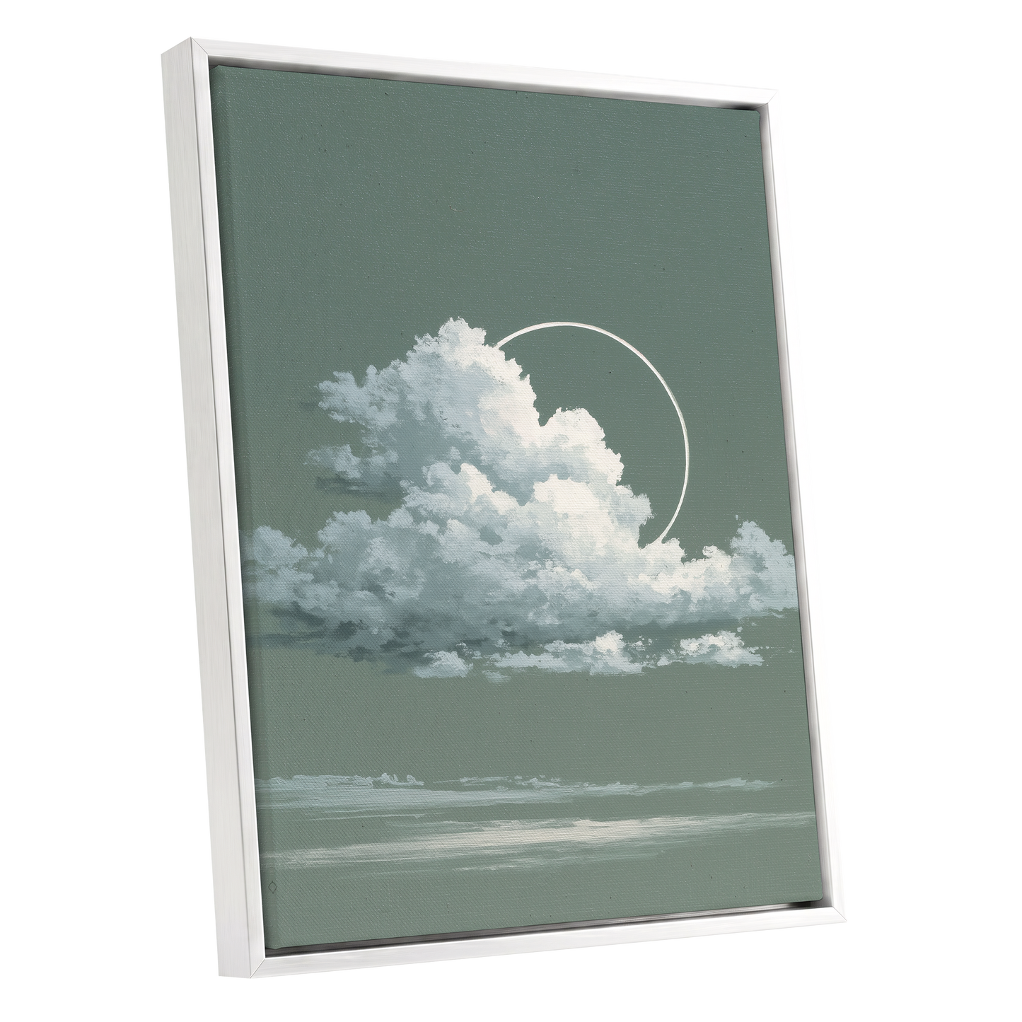 Halo Over Quiet Clouds, green, gray, white nature wall art shown as a white framed canvas wall art