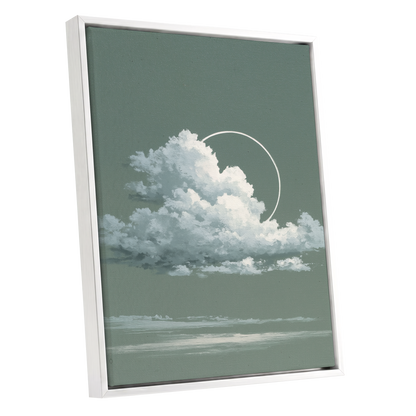 Halo Over Quiet Clouds, green, gray, white nature wall art shown as a white framed canvas wall art