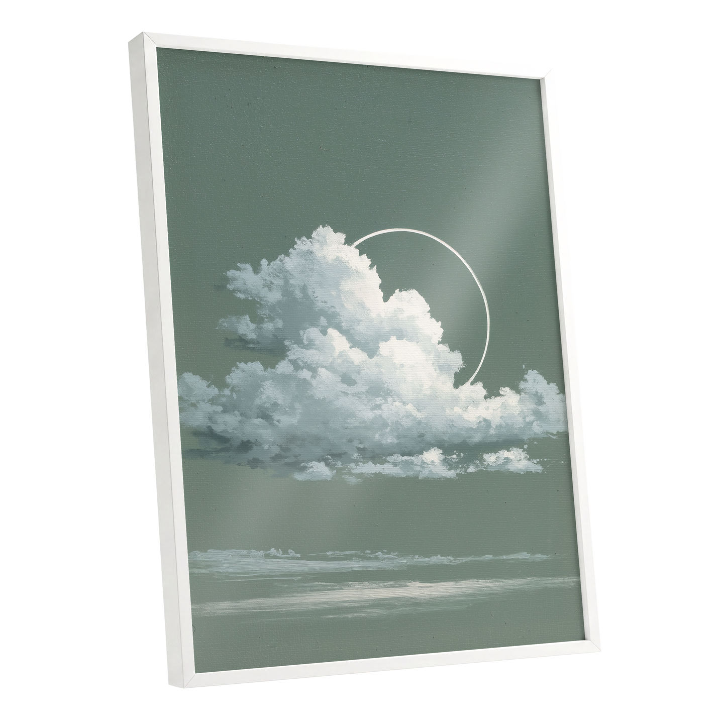 Halo Over Quiet Clouds, green, gray, white nature wall art shown as a white framed poster wall art print