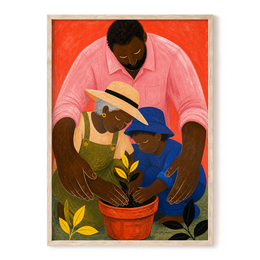Hands Around a Sapling, orange, pink, blue nature wall art, front artwork view