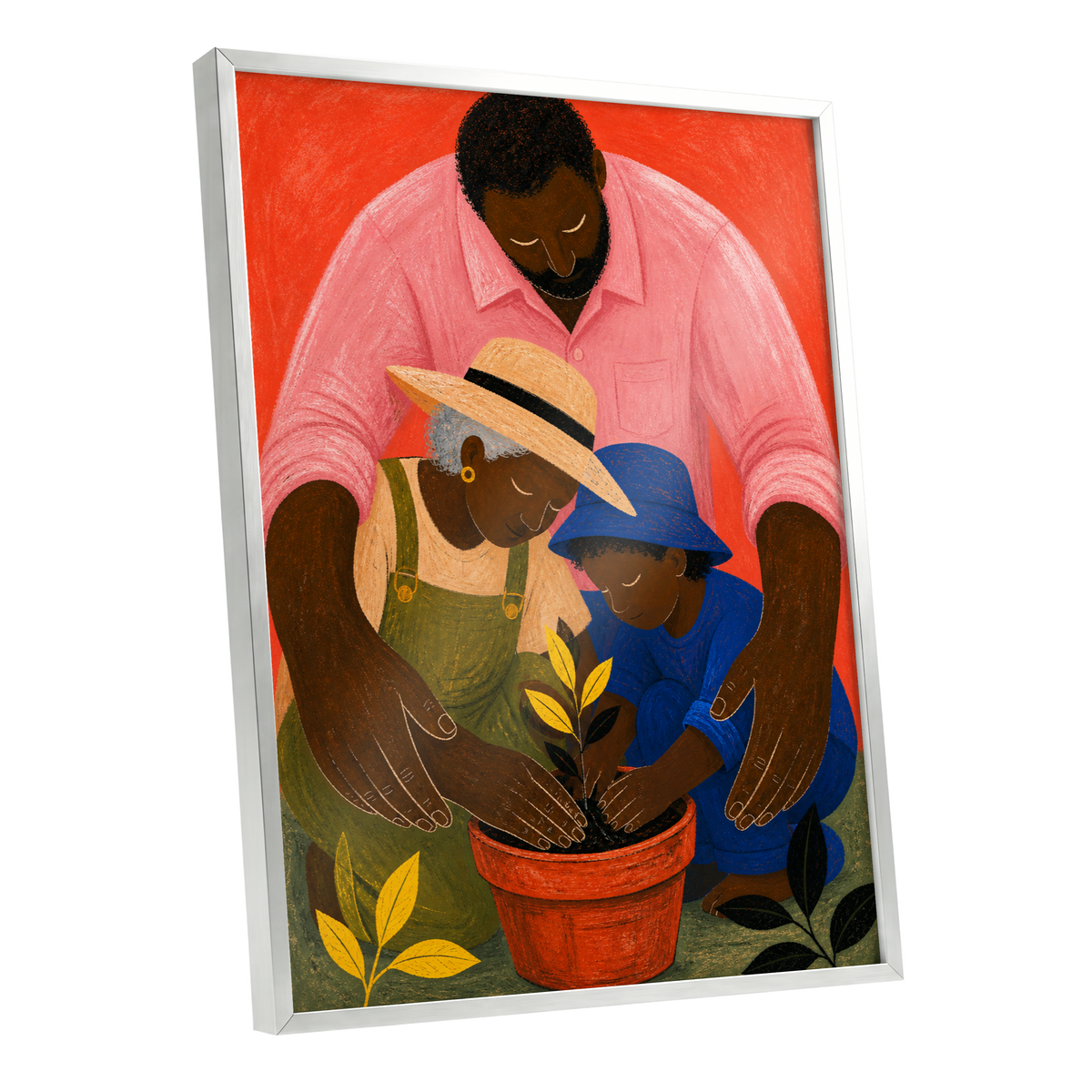 Hands Around a Sapling, orange, pink, blue nature wall art shown as a silver framed poster wall art print