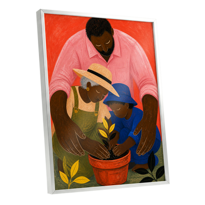 Hands Around a Sapling, orange, pink, blue nature wall art shown as a silver framed poster wall art print