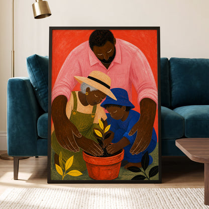 Hands Around a Sapling, orange, pink, blue nature wall art displayed in a styled interior, gallery view 6