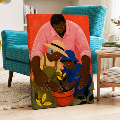 Hands Around a Sapling, orange, pink, blue nature wall art displayed in a styled interior, gallery view 7