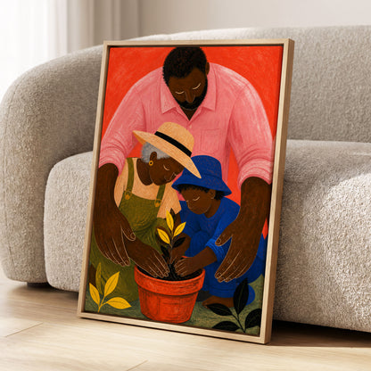 Hands Around a Sapling, orange, pink, blue nature wall art displayed in a styled interior, gallery view 8