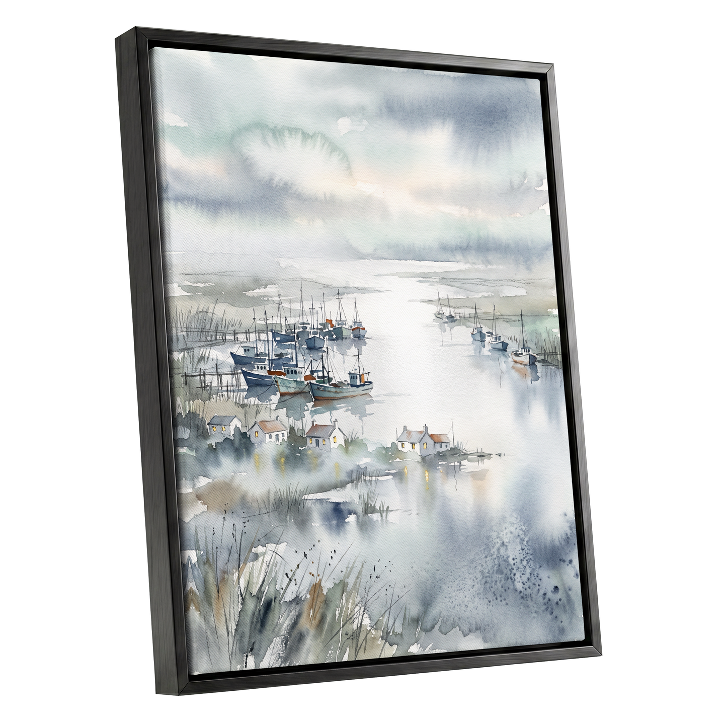 Harbour After Rain, blue, gray, white nature wall art shown as a black framed canvas wall art