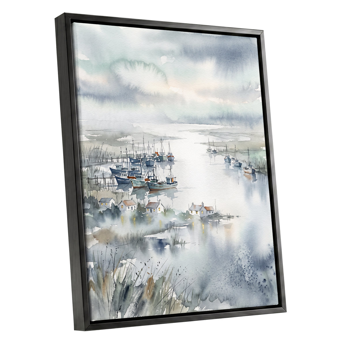 Harbour After Rain, blue, gray, white nature wall art shown as a black framed canvas wall art