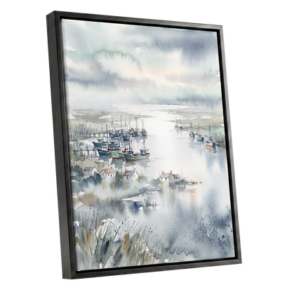 Harbour After Rain, blue, gray, white nature wall art shown as a black framed canvas wall art