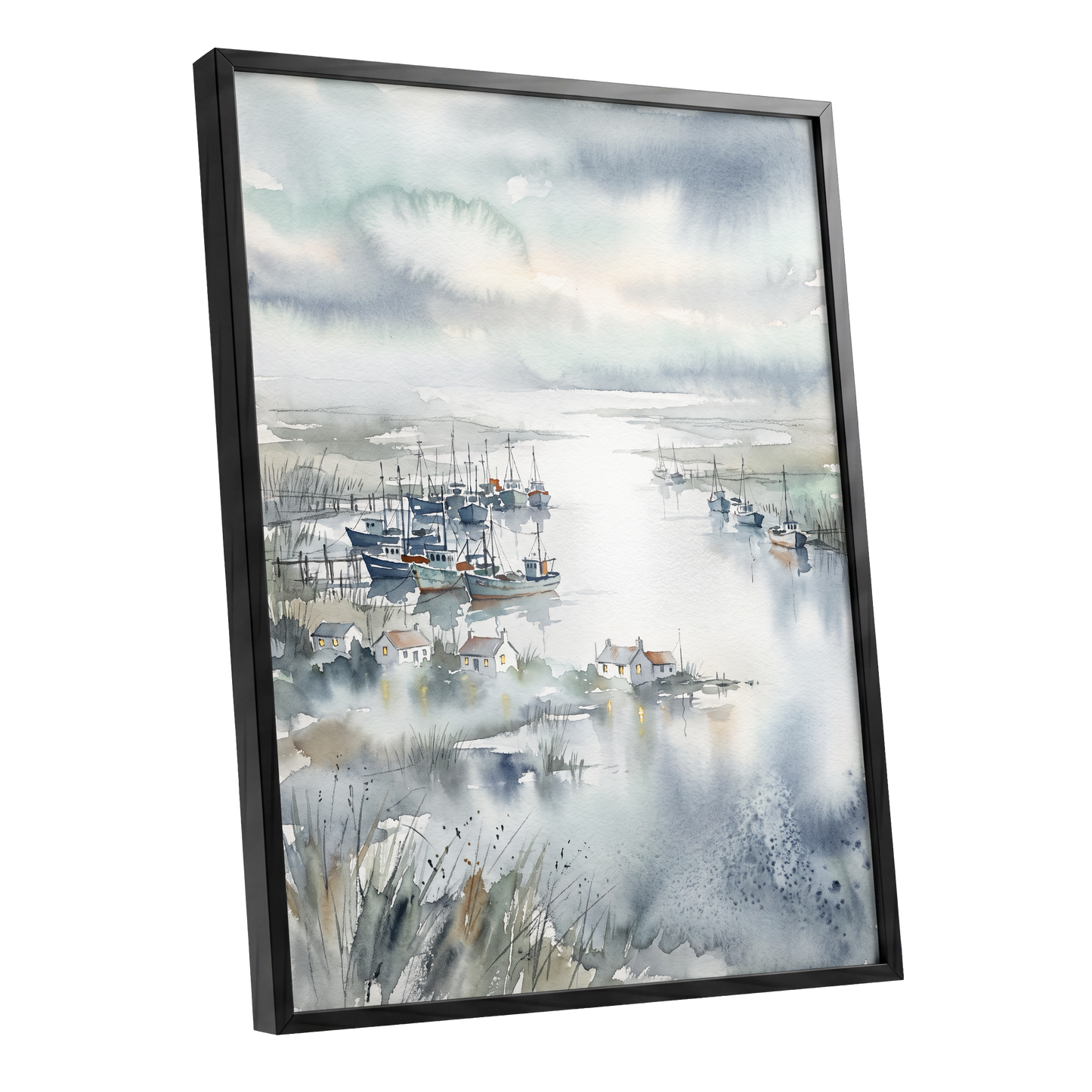 Harbour After Rain, blue, gray, white nature wall art shown as a black framed poster wall art print